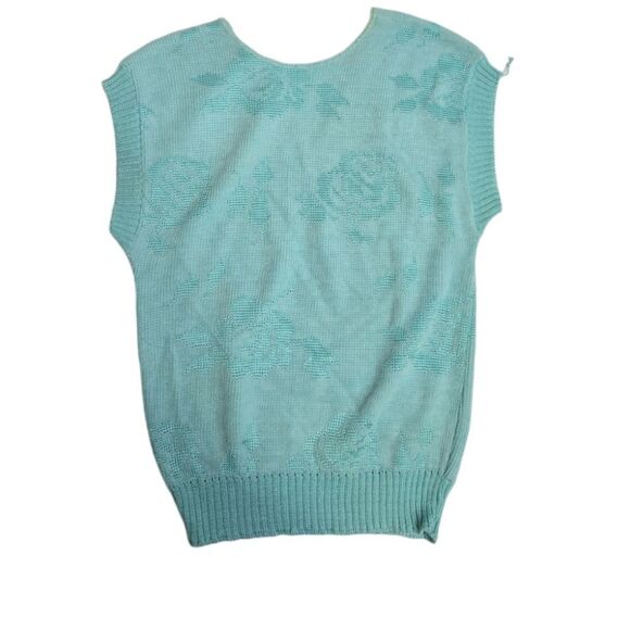 VINTAGE 70s sleeveless intarsia floral teal light academia sweater vest S‎ - Picture 3 of 9